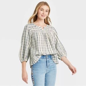 KNOX ROSE Blue Denim & Cream Striped 3/4 Length Sleeve Top Size M (EUC)